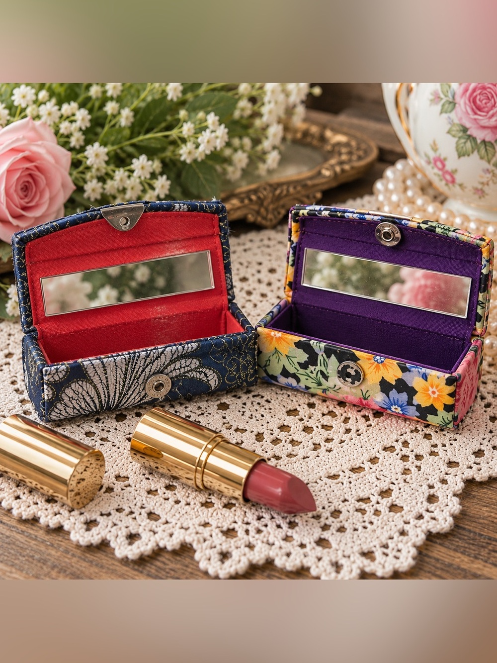 Lot of 2 Floral Brocade Lipstick Cases with Mirrors